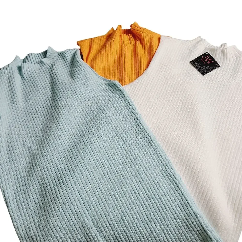 JW Style Mock Neck Sleeveless Ribbed Knit Tank, Lot of 3, Women Size S